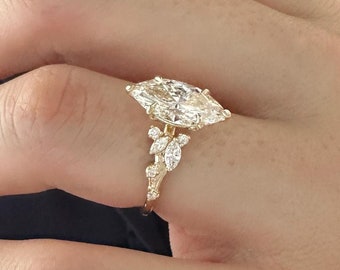 2 Carat Marquise Lab Grown Diamond Nature Inspired Ring / Marquise Twig Lab Diamond Ring / Leaf and Branch 14k 18k Yellow Gold Diamond Ring