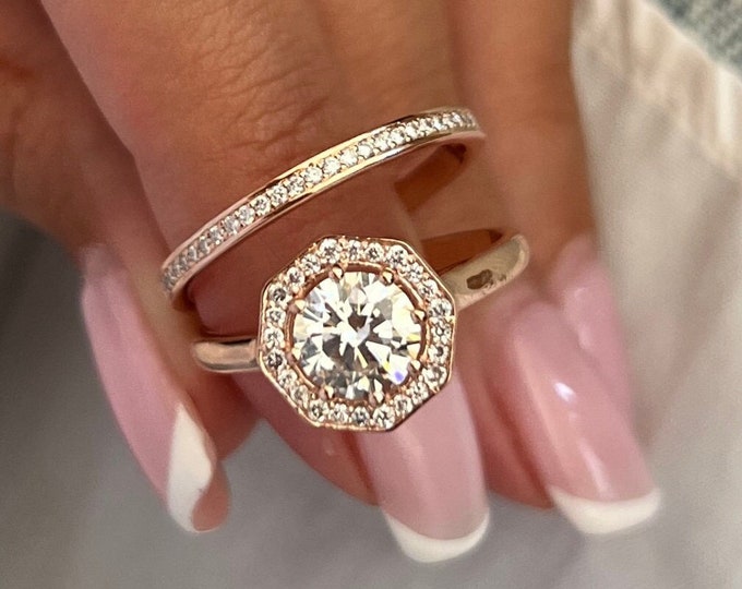 Lab Grown Diamond Hexagonal Engagement Ring Set / 1 Carat Round Diamond / Nature Inspired Bridal Set / 14K 18K Rose Gold Cathedral Halo Ring