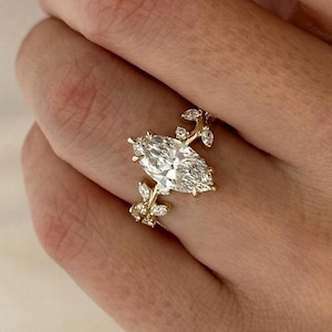 Anillo de compromiso con ramita y hoja de inspiración natural con diamantes cultivados en laboratorio de talla marquesa de 2 quilates / Oro amarillo de 14 k y 18 k / Anillo de diamantes único tipo rama F VS1 Ex