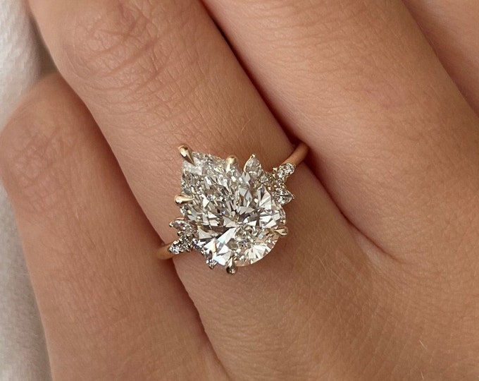 3 Carat Pear Cut Lab Grown Cluster Ring / Pear Shape VS1 F CVD Diamond Ring / Nature Inspired Diamond Engagement Ring / 14k Gold Floral Ring