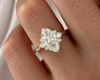 2 Carat Marquise Cut Lab Grown Diamond Engagement Ring / Nature Inspired Diamond Ring / Unique 14k Gold Cluster Proposal Ring Tapered Shank