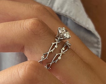 1 Carat Round Lab Grown Diamond Twig Bridal Set / Nature Inspired Engagement Ring Set of Rings / White Gold 1.00 CT CVD Diamond Ring / IGI