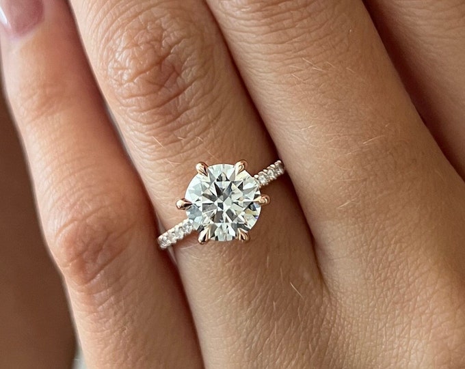 2 Carat E VVS2 Lab Grown Diamond Ring / 14k Rose Gold Engagement Ring / Unique Lab Diamond Ring / 2CT Lab Diamond Pave Prongs 6 Prong Ring