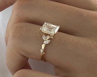 1.5 Carat Emerald Cut Lab Grown Diamond Nature Inspired Engagement Ring / Yellow Gold Twig and Leaf Ring / Branch Boho Ring / E VVS2 Diamond