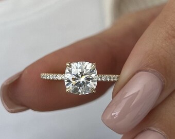 2  Carat Cushion Moissanite Engagement Ring / Crown Hidden Halo Ring / Unique Cushion Ring / Yellow Gold Wedding Ring / Crown Ring / 2 CT