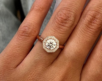 1 Carat Lab Grown Diamond Ring / Unique Halo Diamond Ring / Art Deco Diamond Ring / 1 CT Lab Diamond / Rose Gold Cathedral Engagement Ring