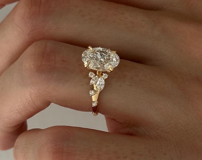 2 Carat Oval Lab Grown Diamond Nature Inspired Engagement Ring in Yellow Gold / Unique Leaf and Branch Diamond Ring / Oval Shape Twig Ring