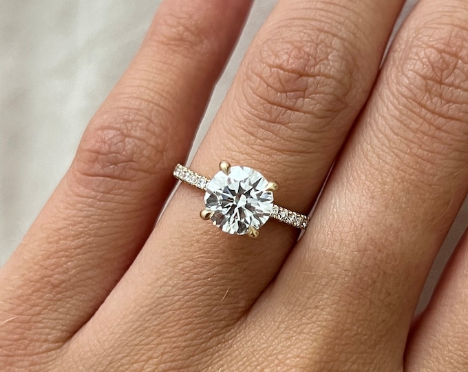2 Carat E VVS2 Round Brilliant Lab Grown Diamond Pave Engagement Ring / 4 Prong 14k Yellow Gold Diamond Ring / Pave Engagement Ring