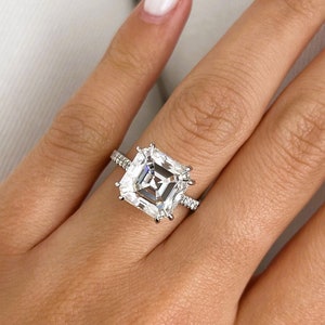 5 Carat Asscher Cut Moissanite Cathedral Engagement Ring / Pave & Hidden Halo Asscher Moissanite Ring / White Gold Wedding Ring / Iced-Out