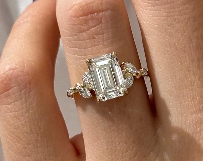 3 Carat Emerald Cut Lab Grown Diamond Nature Inspired Engagement Ring / Yellow Gold Twig and Leaf Ring / Branch Boho Ring / Cluster Ring