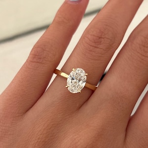2 Carat Oval Lab Grown Hidden Halo Engagement Ring / Oval CVD Diamond VS1 F IGI / Yellow Gold Cathedral Engagement Ring / High Set Oval Ring