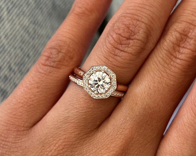 Lab Grown Diamond Hexagonal Engagement Ring Set / 1 Carat Round Diamond / Nature Inspired Bridal Set / 14K 18K Rose Gold Cathedral Halo Ring