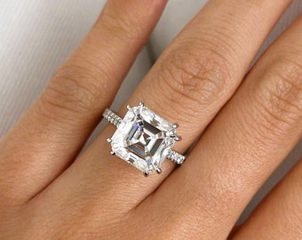 5 Carat Asscher Cut Moissanite Cathedral Engagement Ring / Pave & Hidden Halo Asscher Moissanite Ring / White Gold Wedding Ring / Iced-Out