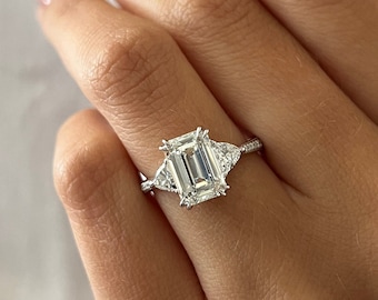 3 Carat Emerald Cut Lab Grown Diamond Vintage Engagement Ring / Scroll Wedding Ring / Luxury White Gold Ring / 3 Stone Pave Diamond Ring