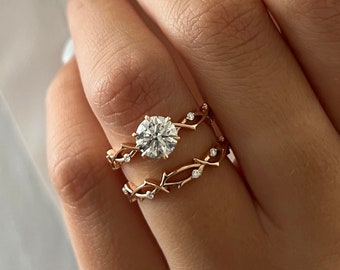 1 Carat Diamond Twig Engagement Ring Set / Lab Grown Diamond Nature Inspired Ring Set / Branch Diamond Ring / 14K Rose Gold Leaf Bridal Set