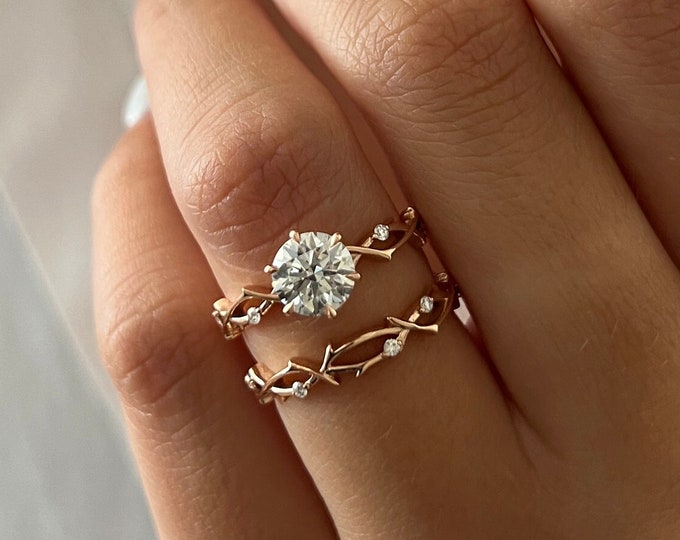 1 Carat Diamond Twig Engagement Ring Set / Lab Grown Diamond Nature Inspired Ring Set / Branch Diamond Ring / 14K Rose Gold Leaf Bridal Set