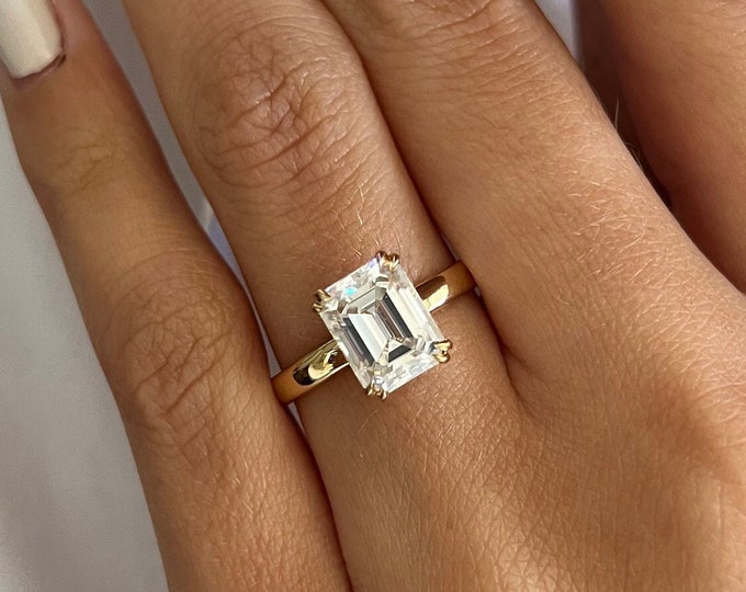 3 Carat Emerald Cut Moissanite Ring / Yellow Gold Hidden Halo Ring / Bridal Ring / 3 CT Emerald Engagement Ring / Double Claw Prongs / 3CT