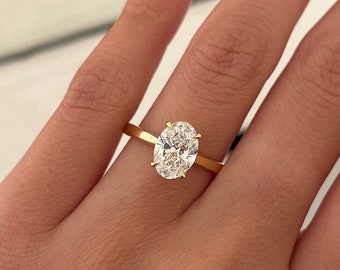 2 Carat Oval Lab Grown Hidden Halo Engagement Ring / Oval CVD Diamond VS1 F IGI / Yellow Gold Cathedral Engagement Ring / High Set Oval Ring