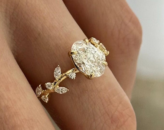 1.5 Carat Oval Lab Grown Diamond Nature Inspired Engagement Ring in 14k Yellow Gold / Twig Ring / Branch and Leaf Unique Diamond Ring