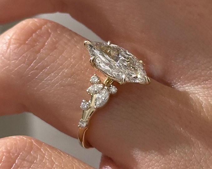 2 Carat Marquise E VVS2 Lab Grown Diamond Nature Inspired Ring / Marquise Twig Lab Diamond Ring / Leaf and Twig Yellow Gold Diamond Ring