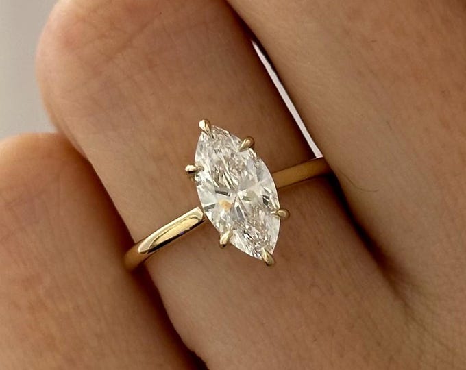 1.5 Carat Marquise E VVS2 HIDDEN HALO Engagement Ring in 14k Yellow Gold / Dainty Solitaire Style Marquise Diamond Ring / Minimalist Ring