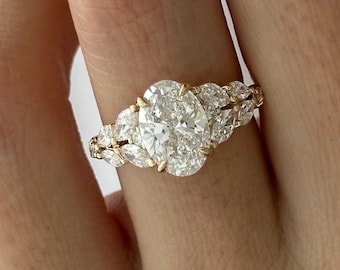 2 Carat Oval Lab Grown Diamond Nature Inspired Engagement Ring / Cluster Ring / Yellow Gold Unique Proposal Ring / Vintage Diamond Ring