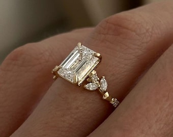 2 Carat Emerald Cut E VVS2 Lab Grown Diamond Twig Engagement Ring / Yellow Gold Nature Inspired Diamond Ring / Twig and Leaf Branch Ring