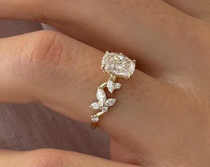 1.5 Carat Cushion Cut Lab Grown Diamond Twig Engagement Ring / Branch and Leaf Ring / Unique Nature Wedding Ring / Nature Inspired Ring