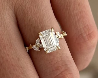 2 Carat Emerald Cut Lab Grown Diamond Twig Engagement Ring / 14k Yellow Gold Nature Inspired Diamond Ring / Gold Twig and Leaf Branch Ring