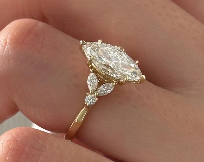 2 Carat Marquise Lab Grown Diamond Twig Engagement Ring / Natured Inspire Yellow Gold Boho Proposal Ring / Marquise Nature Design Ring