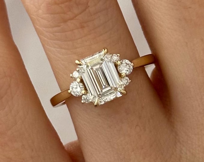 2 Carat Emerald Cut Lab Grown Diamond Cluster Engagement Ring / Nature Inspired F VVS2 Diamond Ring / 14K Yellow Gold Unique Proposal Ring