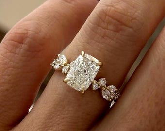 2 Carat Elongated Cushion Lab Grown Diamond Nature Inspired Engagement Ring / Cluster Twig Ring / 14k Yellow Gold Floral Wedding Ring