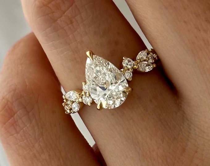 2 Carat E VVS2 Pear Lab Grown Diamond Nature Inspired Engagement Ring / 14k Yellow Gold Rustic Bogo Wedding Ring / Unique Twig Branch Ring