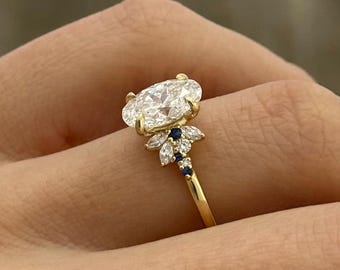 2 Carat Oval Lab Grown Nature Inspired Engagement Ring / Oval E VVS2 Lab Grown Diamond/ Cluster Leaf Diamond Ring / Blue Sapphires Accents