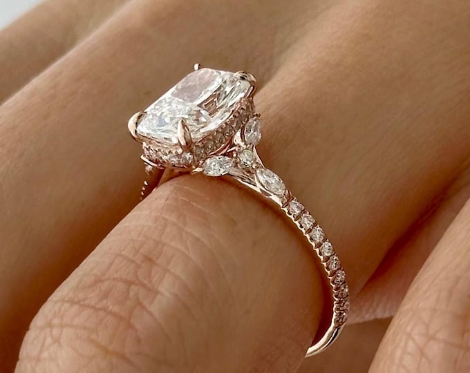 2 Carat Elongated Cushion Lab Grown Diamond Nature Inspired Rose Gold Engagement Ring / Nature Diamond Ring / Unique Proposal Ring