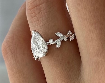 1.5 Carat Pear Shape Lab Grown Diamond Twig Engagement Ring / Nature Inspired Diamond Ring / 14K White Gold Twig and Leaf Wedding Ring