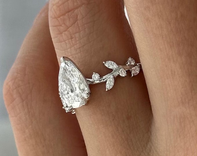 1.5 Carat Pear Shape Lab Grown Diamond Twig Engagement Ring / Nature Inspired Diamond Ring / 14K White Gold Twig and Leaf Wedding Ring