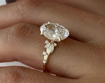 4 Carat Oval Lab Grown Diamond Engagement Ring in 14K Yellow Gold, Nature Inspired Leaf Design