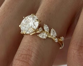 3 Carat Round Shape Lab Grown Diamond Twig Engagement Ring / Nature Inspired Diamond Ring / 14K Gold Twig and Leaf Branch Proposal Ring