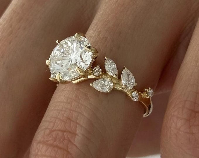 3 Carat Round Shape Lab Grown Diamond Twig Engagement Ring / Nature Inspired Diamond Ring / 14K Gold Twig and Leaf Branch Proposal Ring