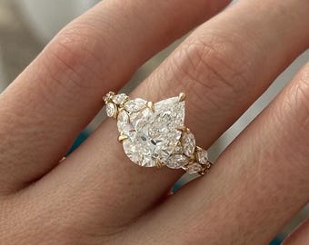 4 Carat Pear Cut E VVS2 Lab Grown Diamond Nature Inspired Engagement Ring in 14k Yellow Gold / Unique Cluster Branch and Twig Proposal Ring