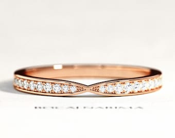 Diamond Wedding Band / Rose Gold Wedding Ring / Half Eternity Ring / 2.1MM Unique Wedding Band / Pave Band / Dainty Half Eternity Ring