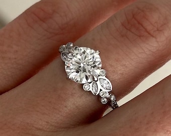 2 Carat Round E VVS2 Lab Grown Diamond Nature Inspired Engagement Ring / Bezel Set Cluster Proposal Ring in White Gold / Boho Twig Ring