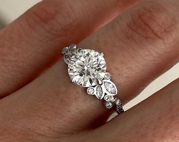 2 Carat Round E VVS2 Lab Grown Diamond Nature Inspired Engagement Ring / Bezel Set Cluster Proposal Ring in White Gold / Boho Twig Ring