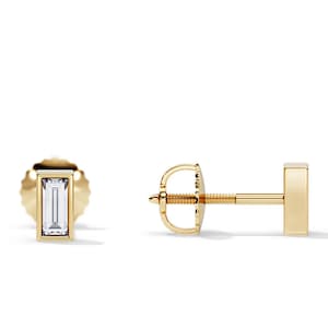 Bezel Set Baguette Diamond Earrings / Minimalist Stud Earrings / 14K 18K Gold Screw Back Earrings for Women / Earlobe Pair of Earrings