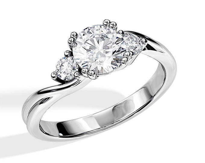 1 Carat E VVS2 Lab Diamond Unique Three Stone Ring / Double Stud Prongs 3 Stone Engagement Ring in White Gold / Swirl Wave Diamond Ring