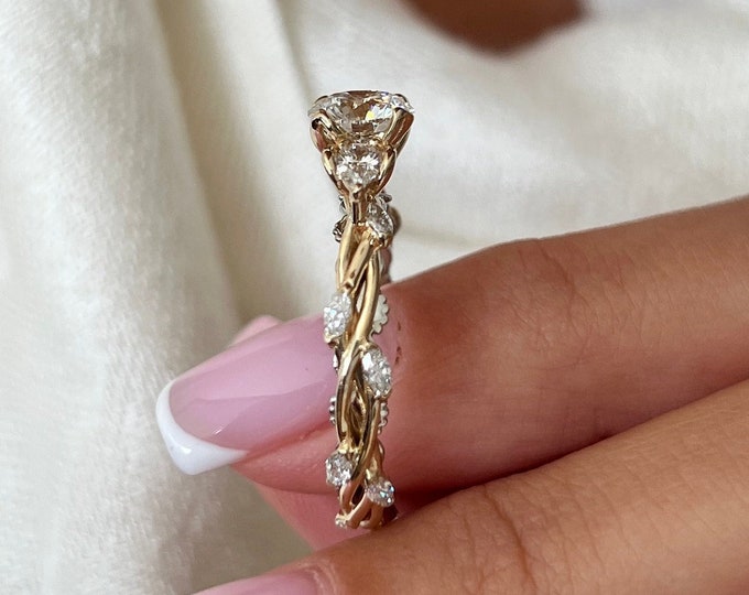 1 Carat Lab Grown Diamond Twig Ring / Twig Engagement Ring / Branch Engagement Ring / Yellow Gold Twig Ring / Nature Engagement Ring