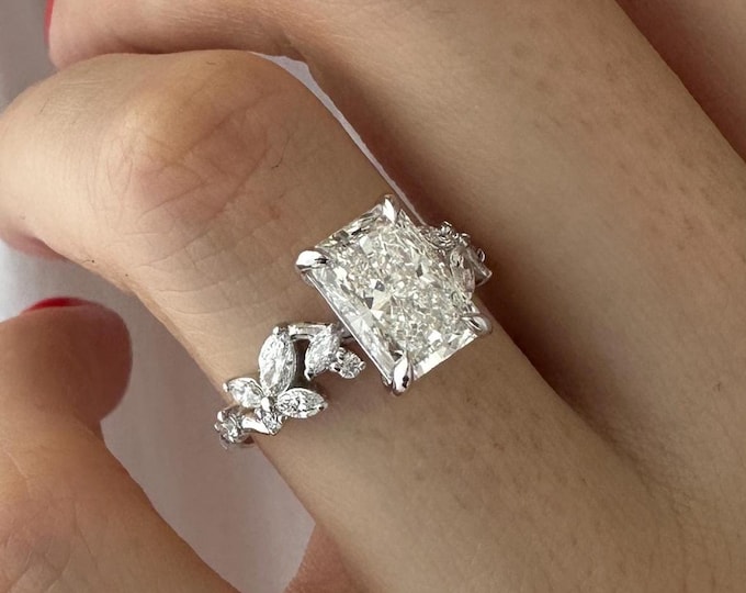 2 CT Radiant Cut Lab Grown Diamond Engagement Ring / Nature Inspired Diamond Ring / White Gold Branch Leaf Diamond Ring / Twig Nature Ring