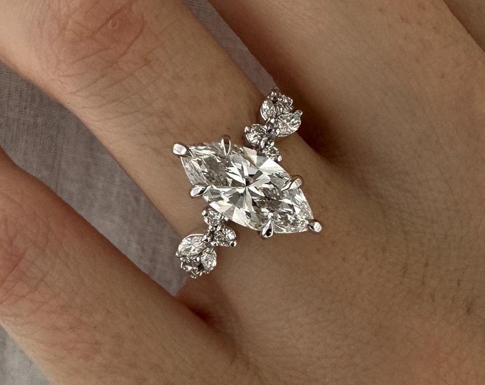2 Carat Marquise F VS1 Lab Grown Diamond Nature Inspired Engagement Ring / White Gold Twig Ring / Unique Branch Proposal Ring / Unique Ring