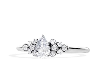 Pear Shape Natural Diamond Ring / Diamond Cluster Engagement Ring / GIA Certified / 0.5 Carat Peart Cut Diamond / 0.65 TCW / 14K White Gold